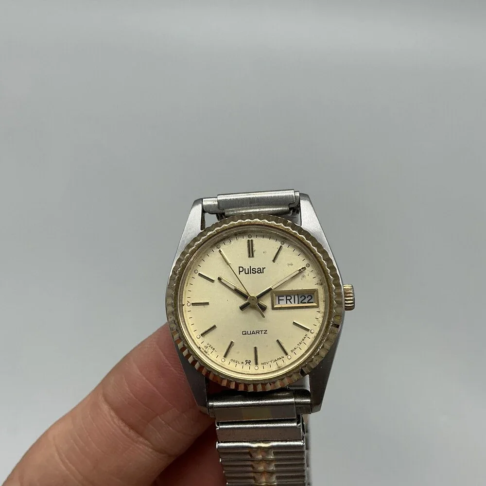Pulsar Womens Watch 23mm Champagne Dial Two Tone Day Date V248-0020 Stretch Band